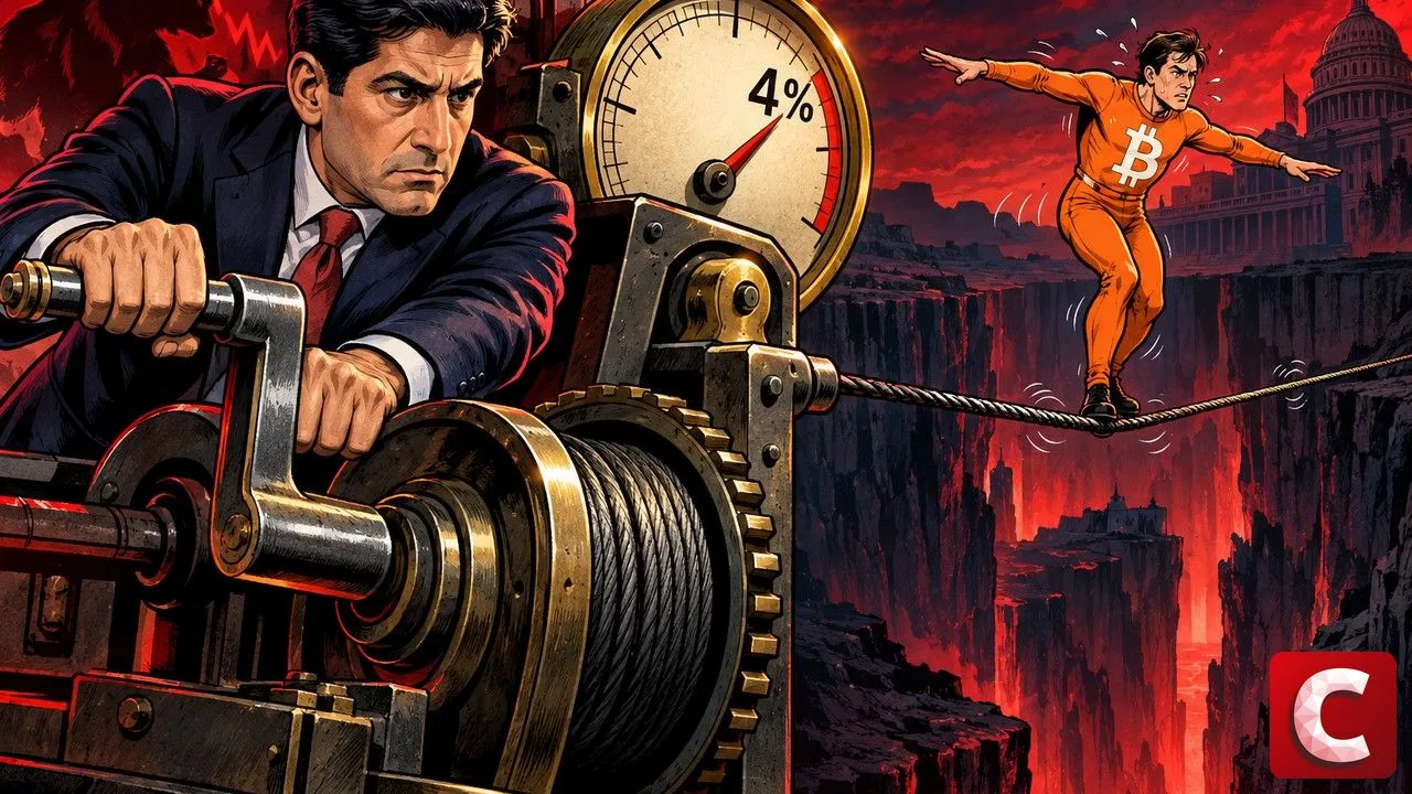 Rate hike illustration showing a Bitcoin tightrope walker keeping balance on a tightening wire