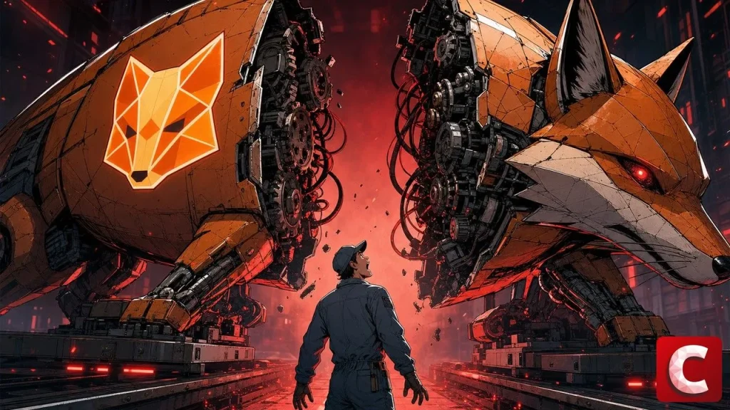 MetaMask se scinde en deux renards mécaniques géants glissant sur des rails opposés