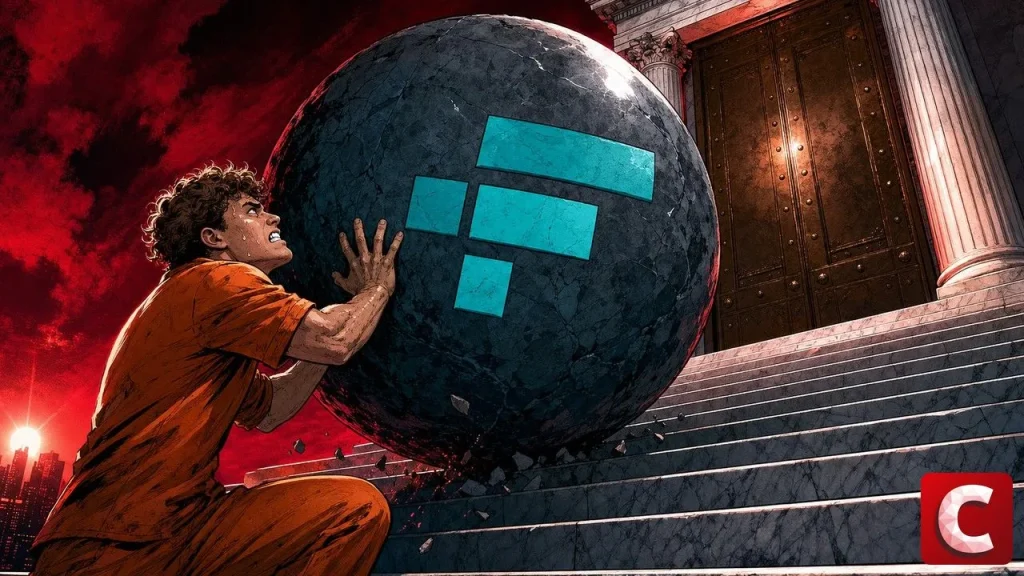 Bankman-Fried pushing an FTX boulder up marble steps toward a sealed courthouse door