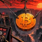 Bitcoin tient suspendu en pièce géante retenue par trois grues au-dessus d'un canyon
