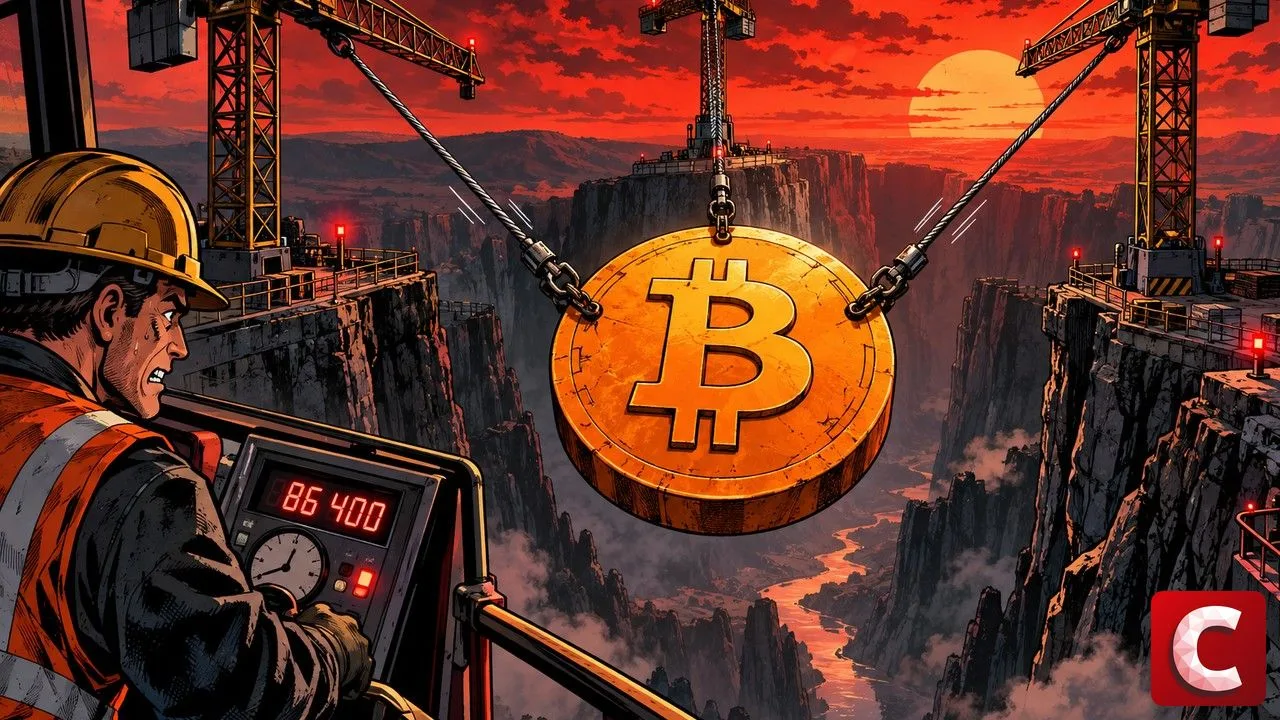 Bitcoin tient suspendu en pièce géante retenue par trois grues au-dessus d'un canyon