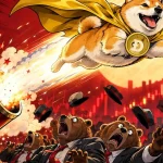 Dogecoin as a Shiba dog fired from a circus cannon over stunned bears