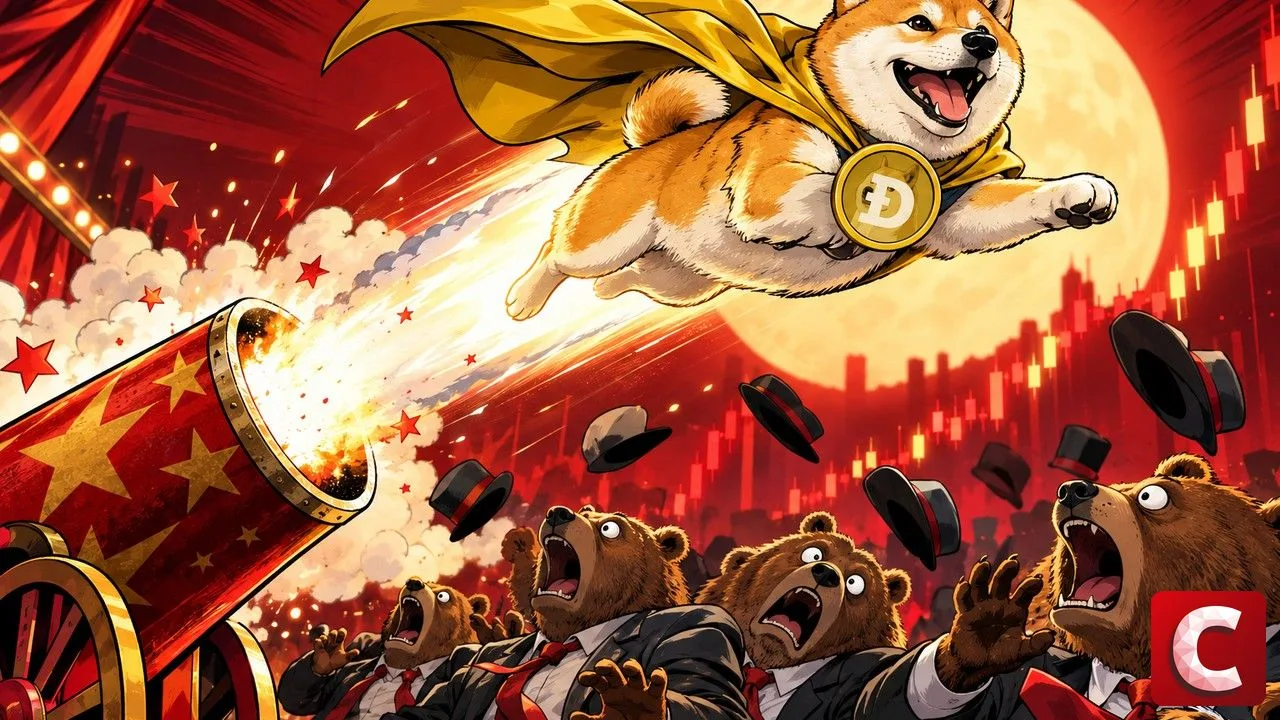 Dogecoin en chien Shiba propulsé par un canon de cirque au-dessus d'ours stupéfaits