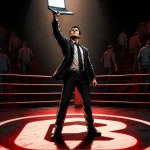 LAPTOP memecoin shown as a man raising a laptop in an emptying boxing ring