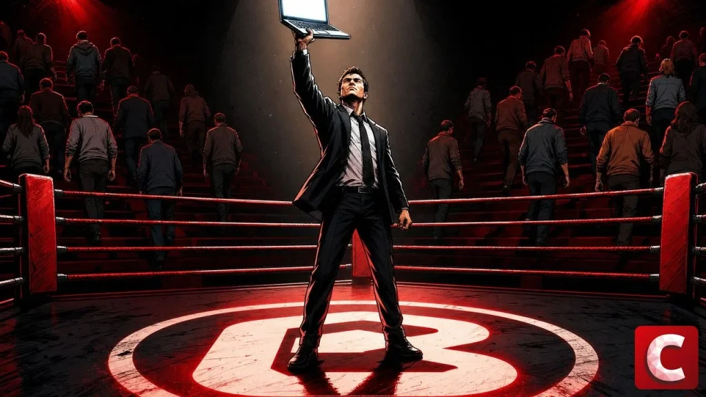Memecoin LAPTOP illustré par un homme brandissant un ordinateur dans un ring déserté