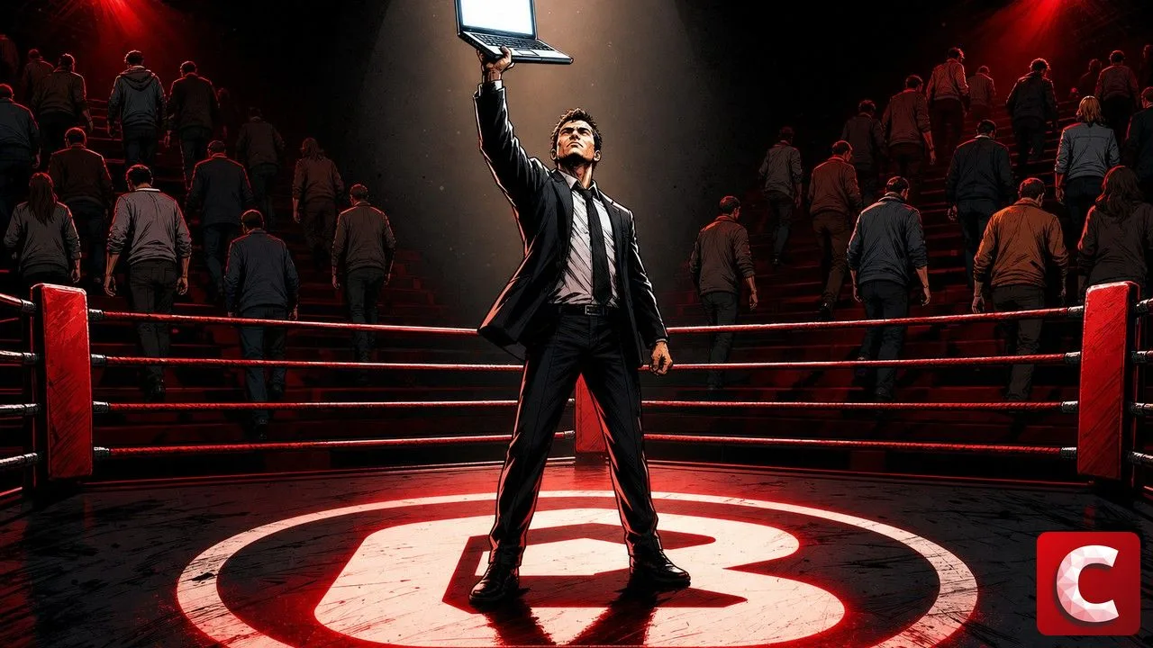 Memecoin LAPTOP illustré par un homme brandissant un ordinateur dans un ring déserté