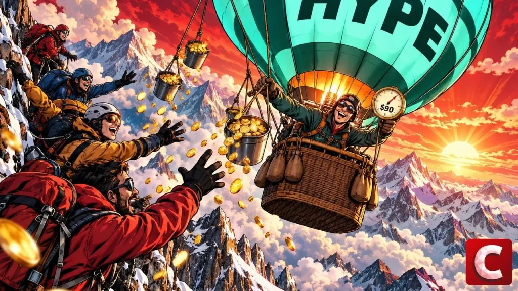 Hyperliquid illustration: a HYPE hot-air balloon showers gold coins on climbers above clouds
