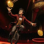 MicroStrategy as a juggler dropping one Bitcoin coin while catching another thrown from above
