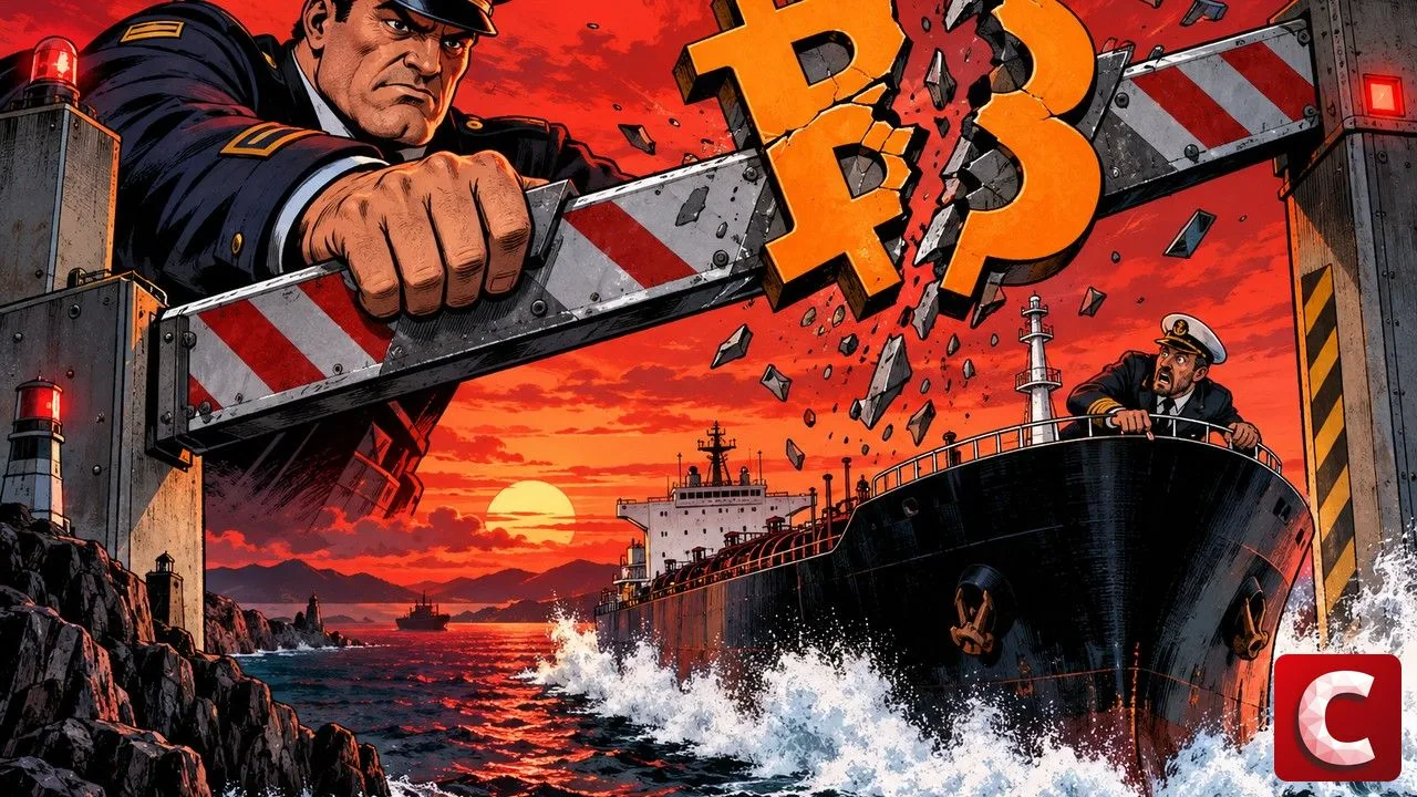 US Treasury illustration: a giant customs officer breaks a Bitcoin symbol and stops a tanker