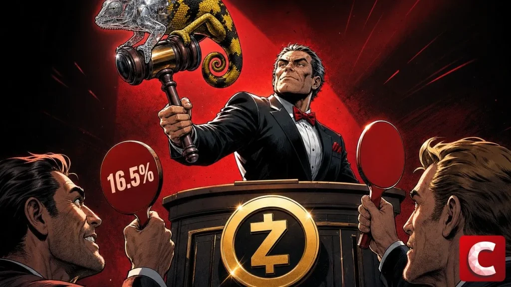 Zcash en caméléon mi-verre mi-doré perché sur le marteau levé d'un commissaire-priseur