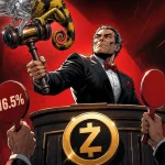 Zcash en caméléon mi-verre mi-doré perché sur le marteau levé d'un commissaire-priseur