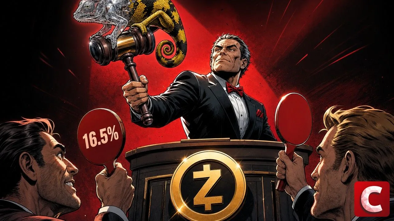 Zcash en caméléon mi-verre mi-doré perché sur le marteau levé d'un commissaire-priseur