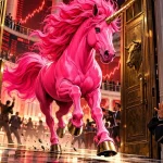 CME shown as a pink unicorn charging into a classical trading floor