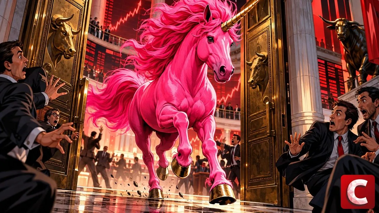 CME shown as a pink unicorn charging into a classical trading floor