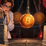 CryptoQuant shown as a scientist measuring the swing of an orange Bitcoin pendulum