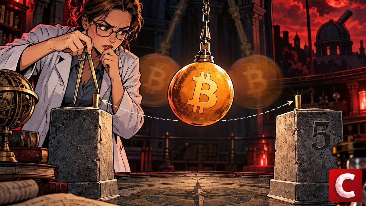 CryptoQuant illustré par une scientifique mesurant l'amplitude d'un pendule Bitcoin orange