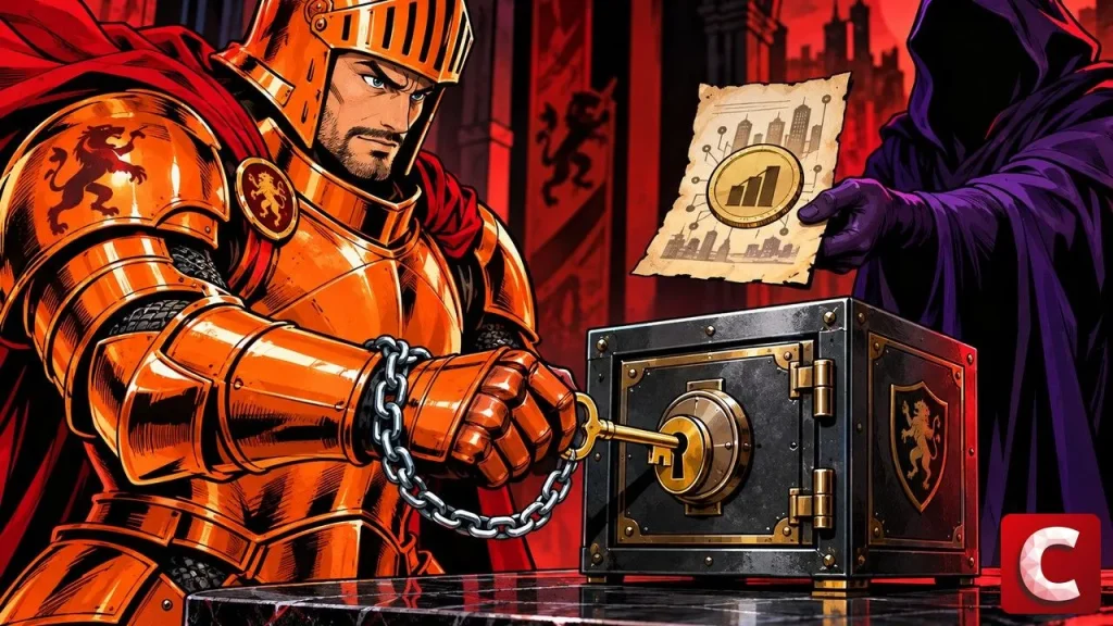 Ledger and Kraken armor a knight locking a vault with a tethered key