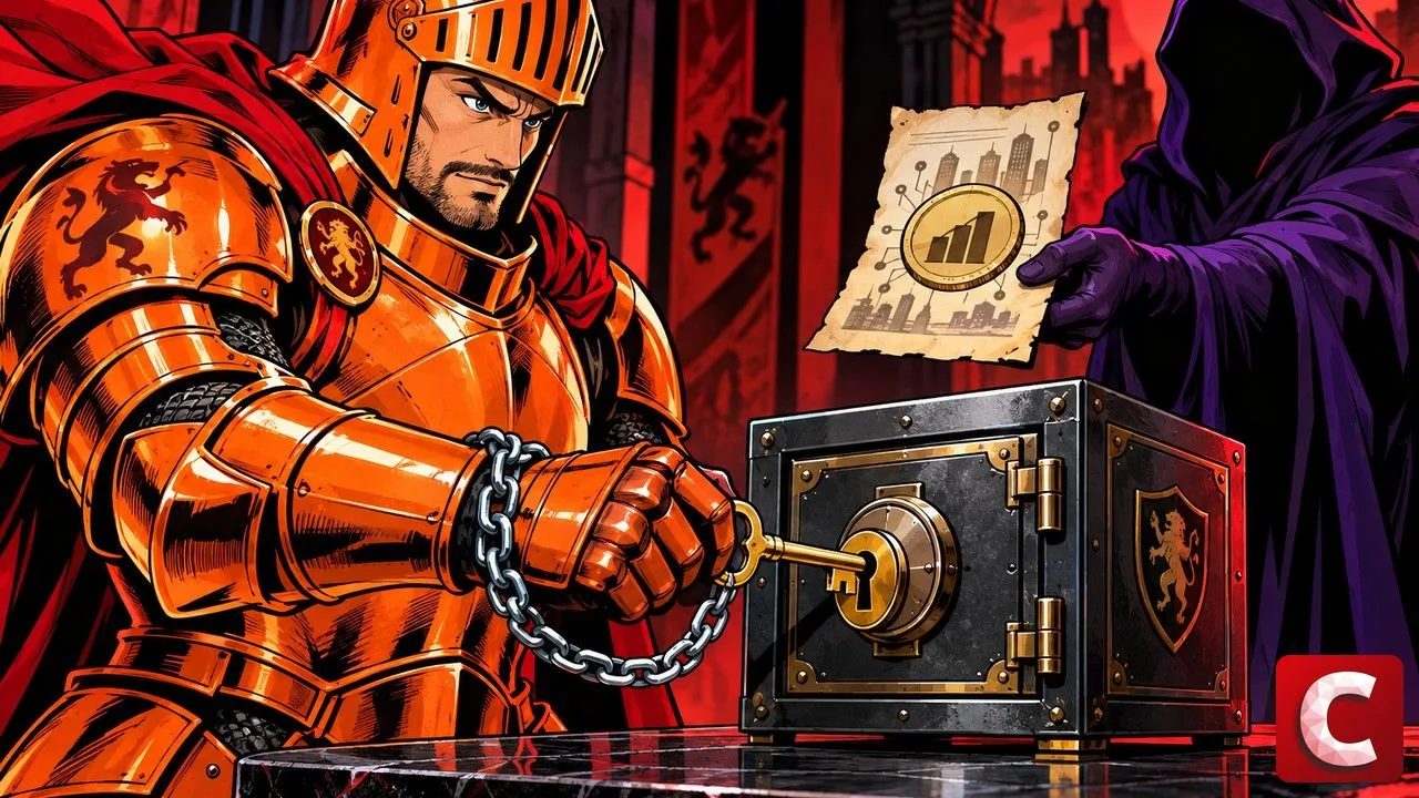 Ledger et Kraken : chevalier orange verrouille un coffre avec une clé attachée