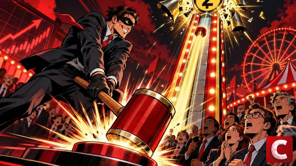 Zcash price illustration: a masked burglar smashes the bell of a fairground strength tester