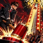 Zcash price illustration: a masked burglar smashes the bell of a fairground strength tester