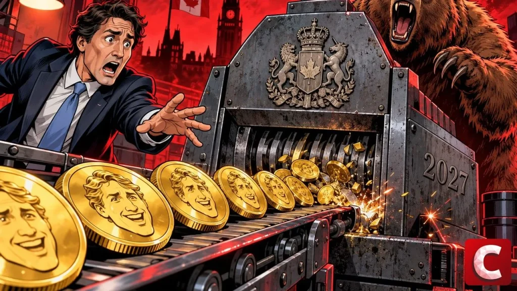 Memecoins à effigie broyés sur un convoyeur industriel devant un responsable politique stupéfait
