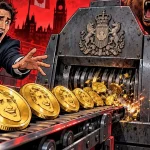 Memecoins à effigie broyés sur un convoyeur industriel devant un responsable politique stupéfait
