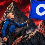 Brian Armstrong plante un drapeau Coinbase sur une corniche sous un sommet inaccessible