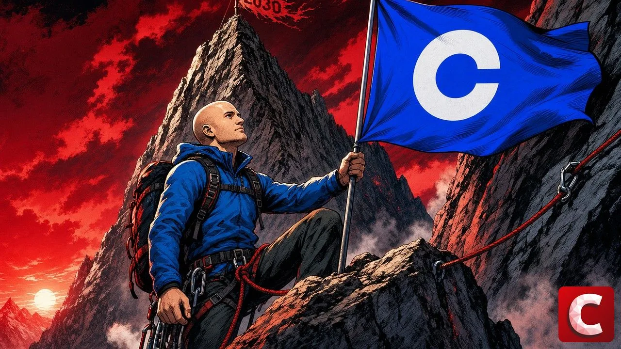 Brian Armstrong plante un drapeau Coinbase sur une corniche sous un sommet inaccessible
