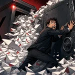 Password reset emails flooding out of a giant X mailbox onto a panicked man