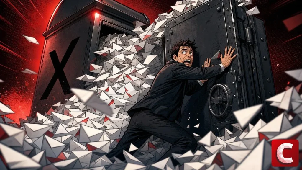 Avalanche de mails de réinitialisation jaillissant d'une boîte aux lettres X géante
