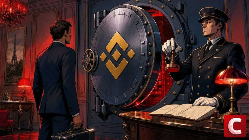 Binance France attend son agrément devant une porte de coffre-fort dans un salon parisien