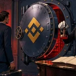 Binance France attend son agrément devant une porte de coffre-fort dans un salon parisien