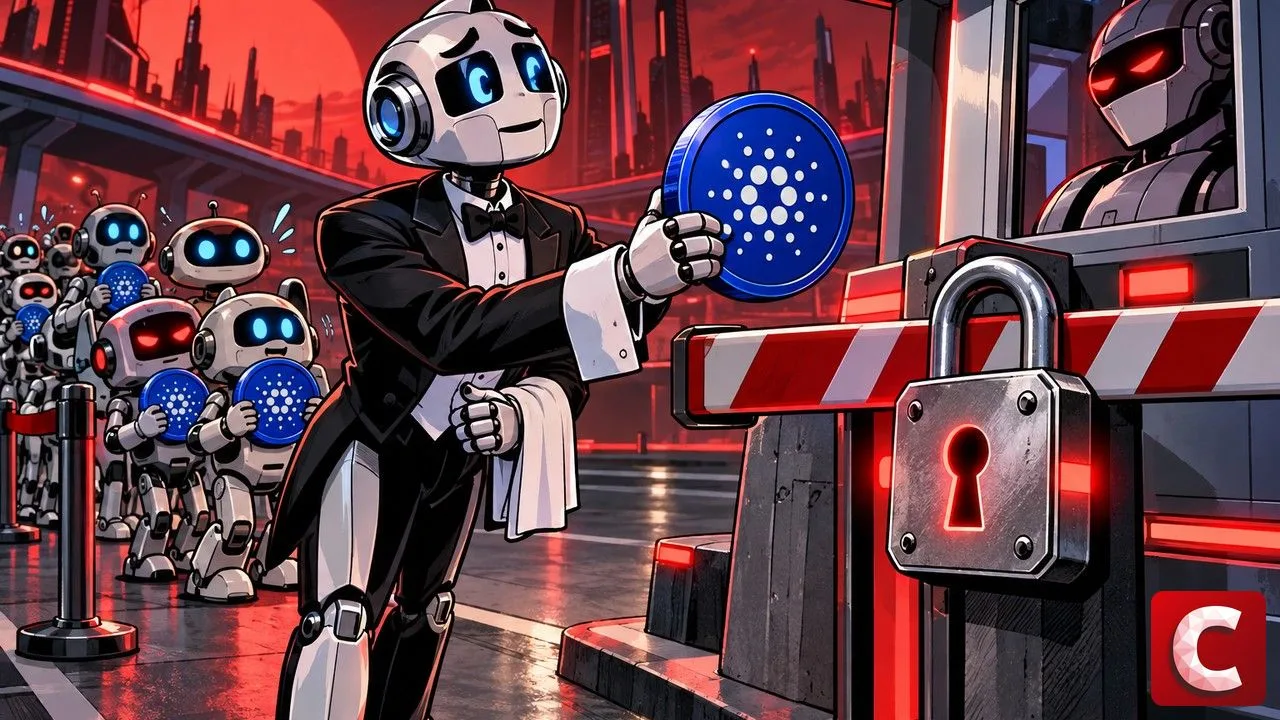 Cardano robot butler hands an ADA coin to a still closed payment booth