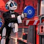 Cardano : un robot majordome tend une pièce ADA à un guichet encore fermé