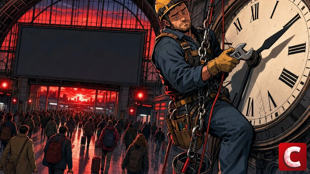 CoinEx shutdown pictured as a worker removing a station clock hand