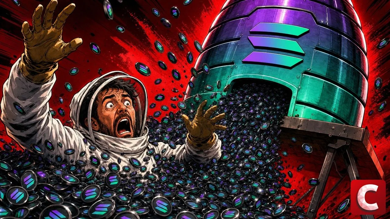 Solana tokens pouring by the thousand from a hive and burying a beekeeper
