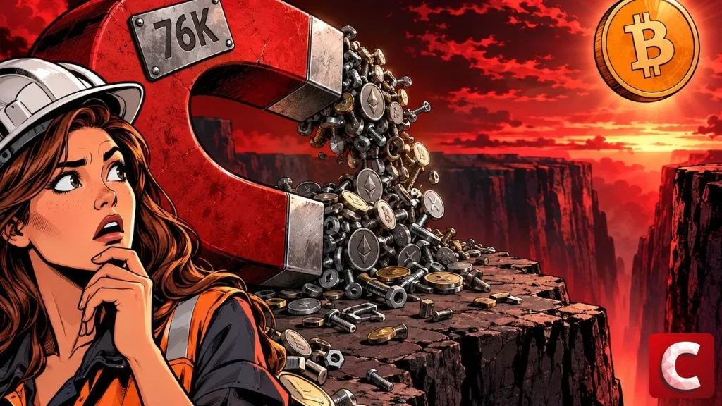 Max pain illustré : aimant géant et pièce Bitcoin orange suspendue hors d'atteinte