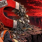 Max pain illustré : aimant géant et pièce Bitcoin orange suspendue hors d'atteinte