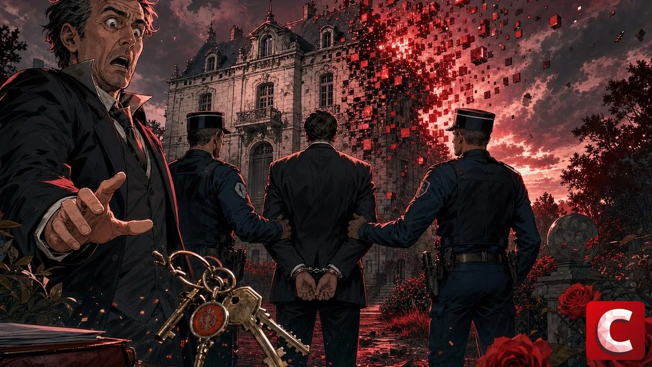 Zondacrypto evoked by a manor dissolving into blocks during a police arrest scene