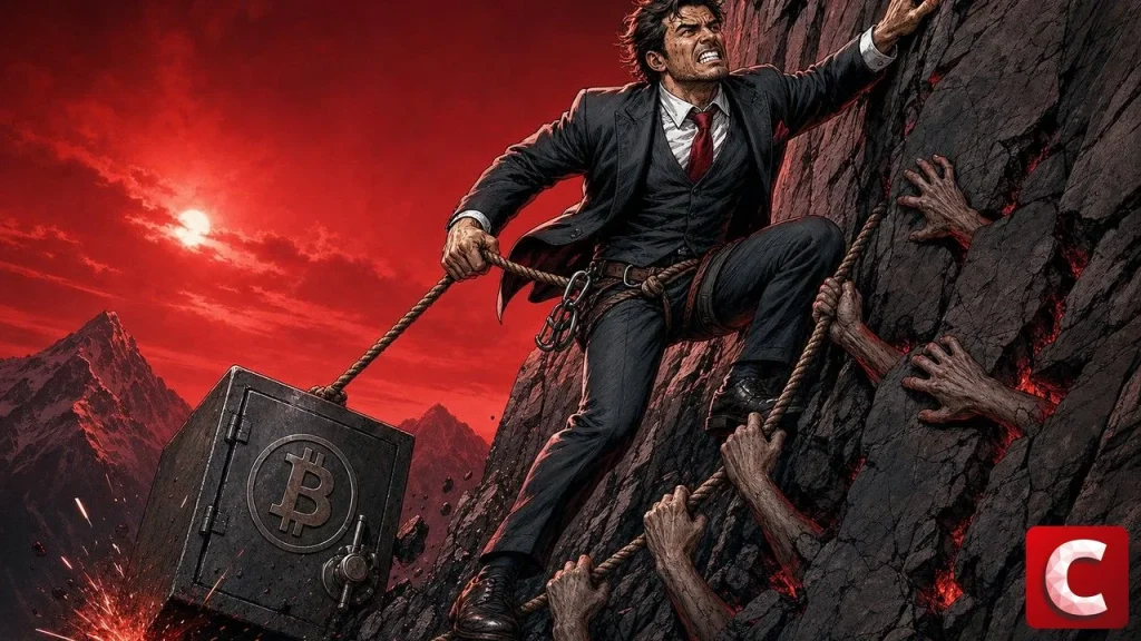 Bitcoin treasury shown as a suited climber hauling a heavy safe up a cliff