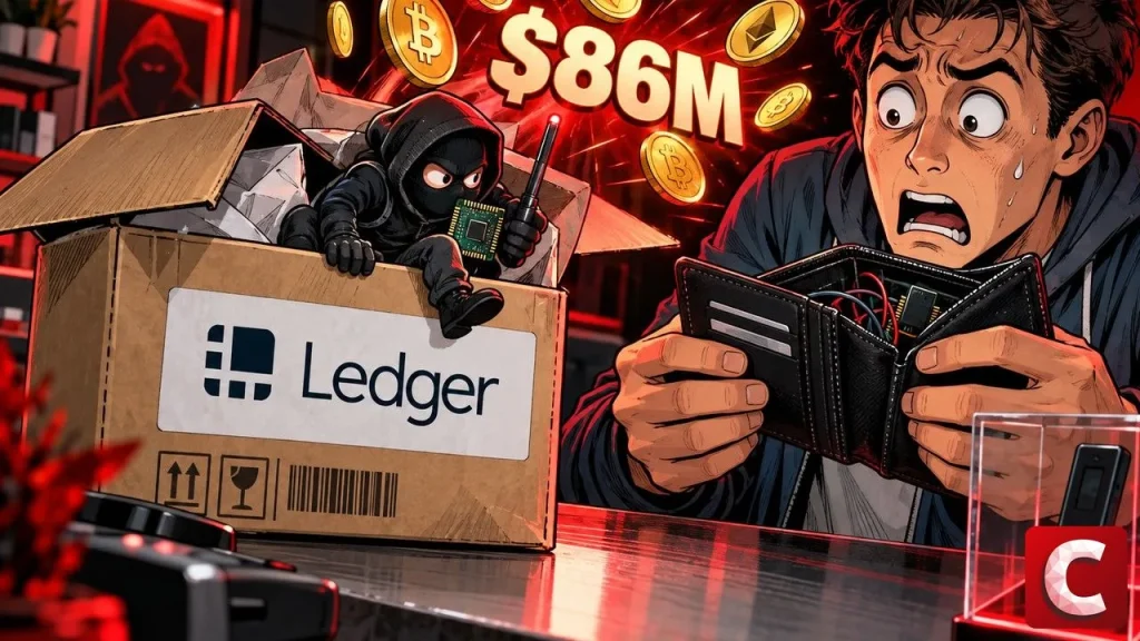 Appareils Ledger piégés : un cambrioleur miniature sort d'un colis de livraison face à un acheteur effaré