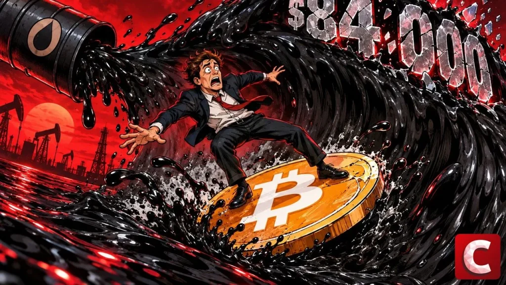Bitcoin slips: a panicked surfer rides a Bitcoin coin down a wave of crude oil