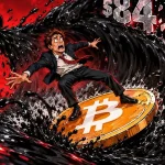 Bitcoin slips: a panicked surfer rides a Bitcoin coin down a wave of crude oil