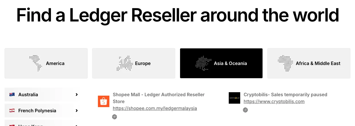 Appareils Ledger : la page officielle des revendeurs indique la pause des ventes de CryptoBilis en Malaisie
