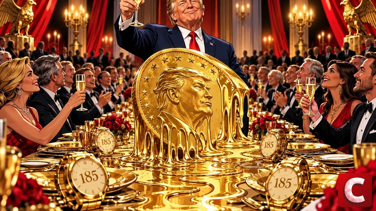 Golden TRUMP memecoin surrounded by 185 gilded dinner invitations at a presidential table