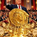 Memecoin TRUMP doré entouré de 185 invitations dorées pour un dîner présidentiel