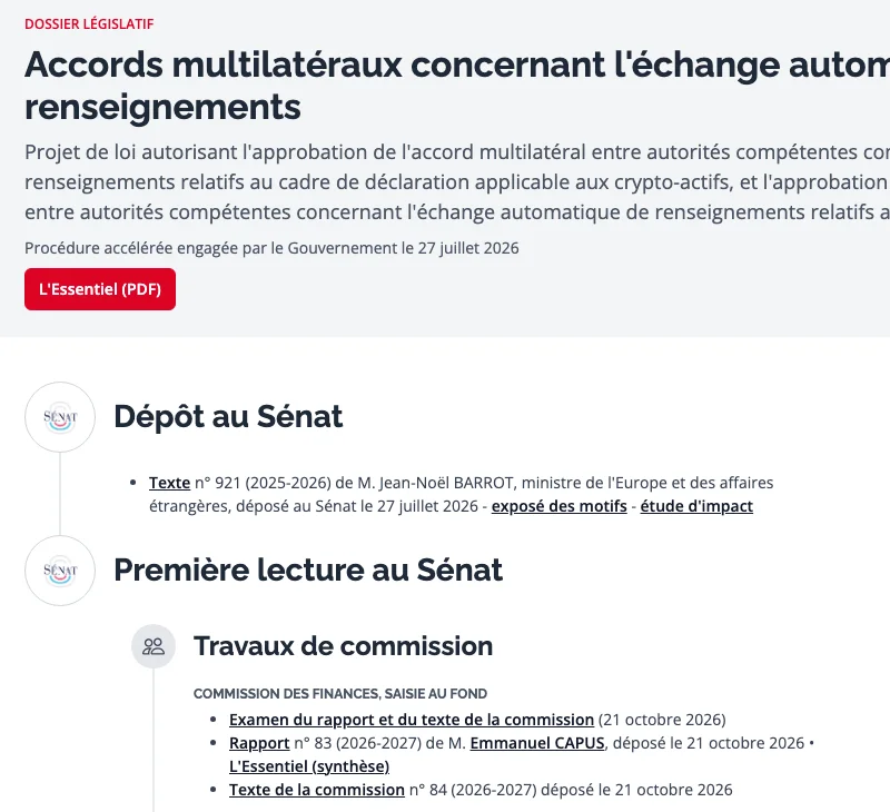 Comptes crypto à l'étranger : dossier législatif du Sénat sur l'accord d'échange automatique de données crypto