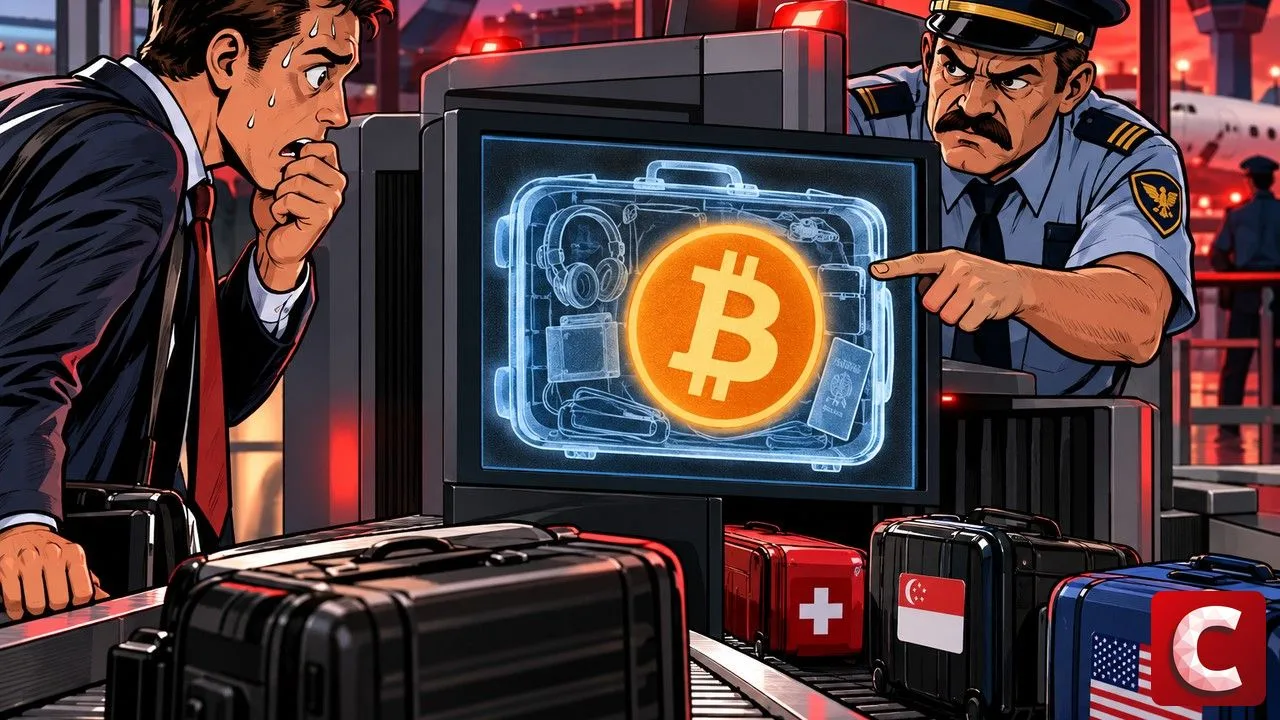 Crypto accounts abroad: a customs officer spots the Bitcoin logo inside a suitcase on the scanner