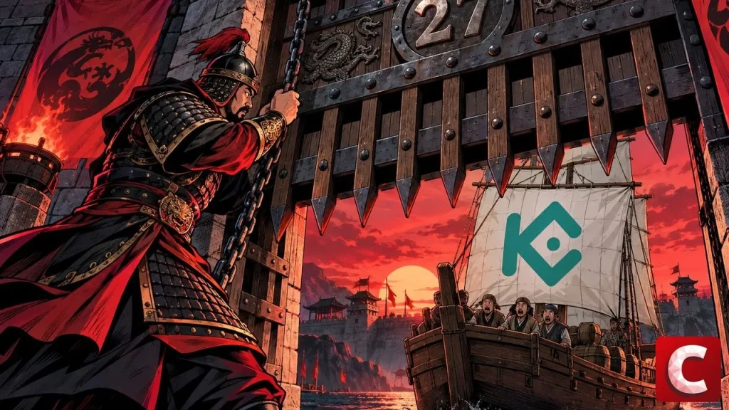 South Korea: an armored guard lowers a portcullis in front of a ship flying the KuCoin logo