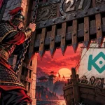Corée du Sud : un gardien en armure abaisse une herse devant un navire portant le logo KuCoin